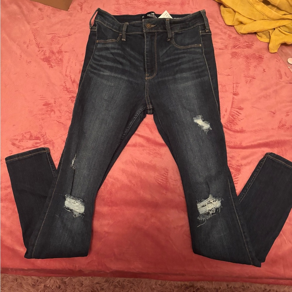 Hollister Dark Indigo Distressed Skinny High Rise Jeans
